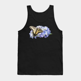 Yellow Swallowtail Butterfly on Blue Hydrangea Flower Tank Top